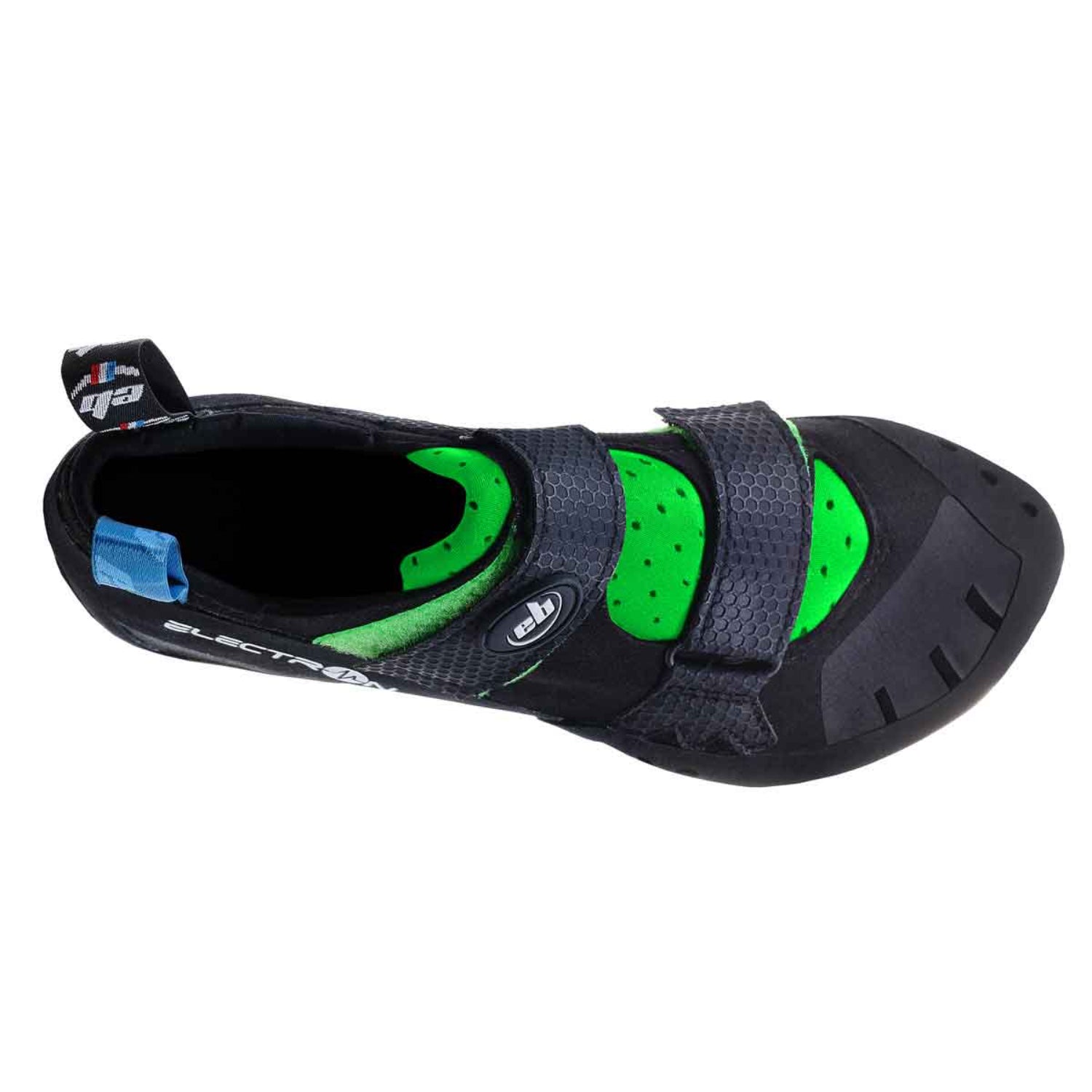 EB Electron climbing shoes from the side showing logo and straps