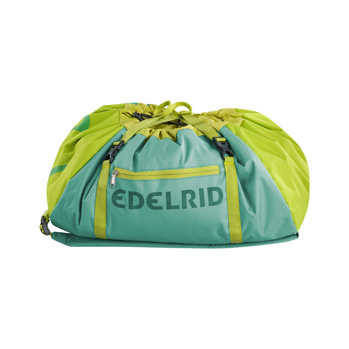 Edelrid Drone II climbing Rope Bag, shown closed in green and yellow colours