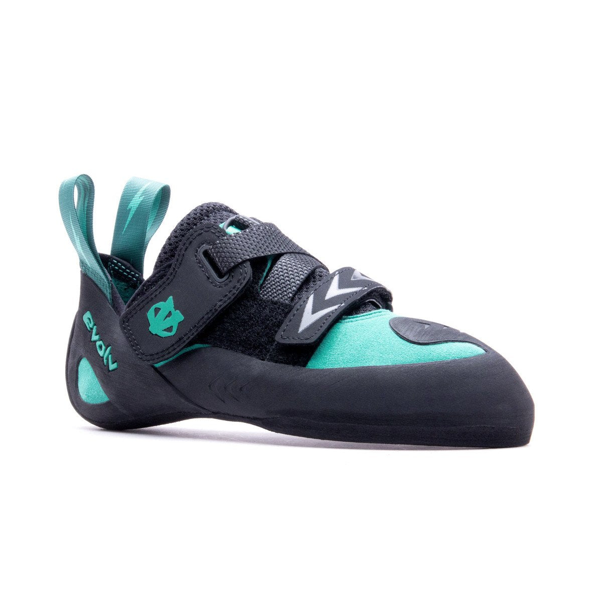 Evolv Kira Womens Climbing Shoe, front/side view in green and black colours