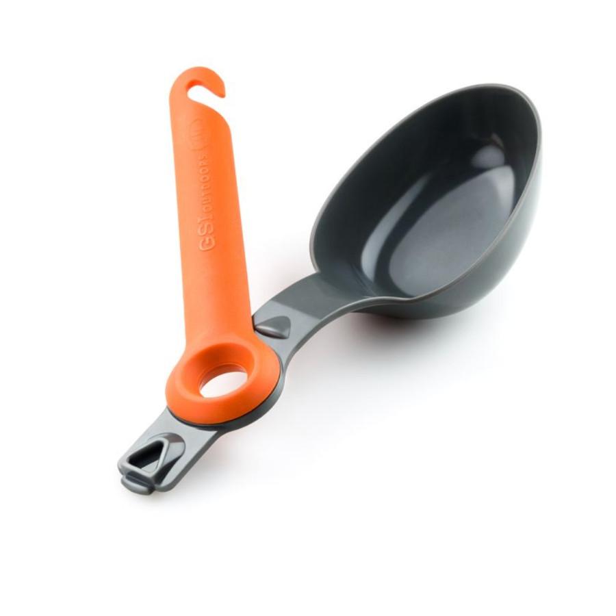 GSI Pivot Spoon camping utensil in orange and grey showing locking notch