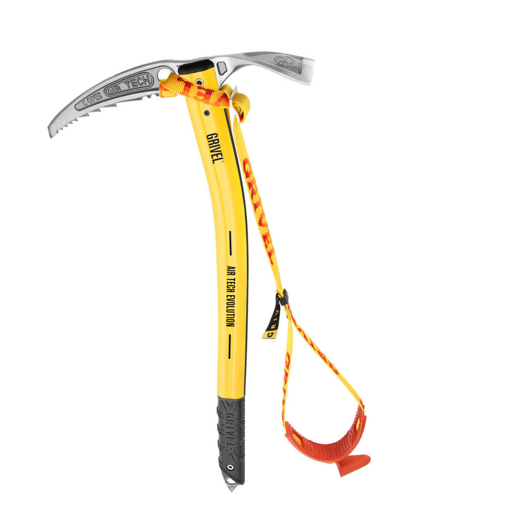 Grivel Air Tech Evo Ice Axe, side view shown in yellow and black colours with a leash