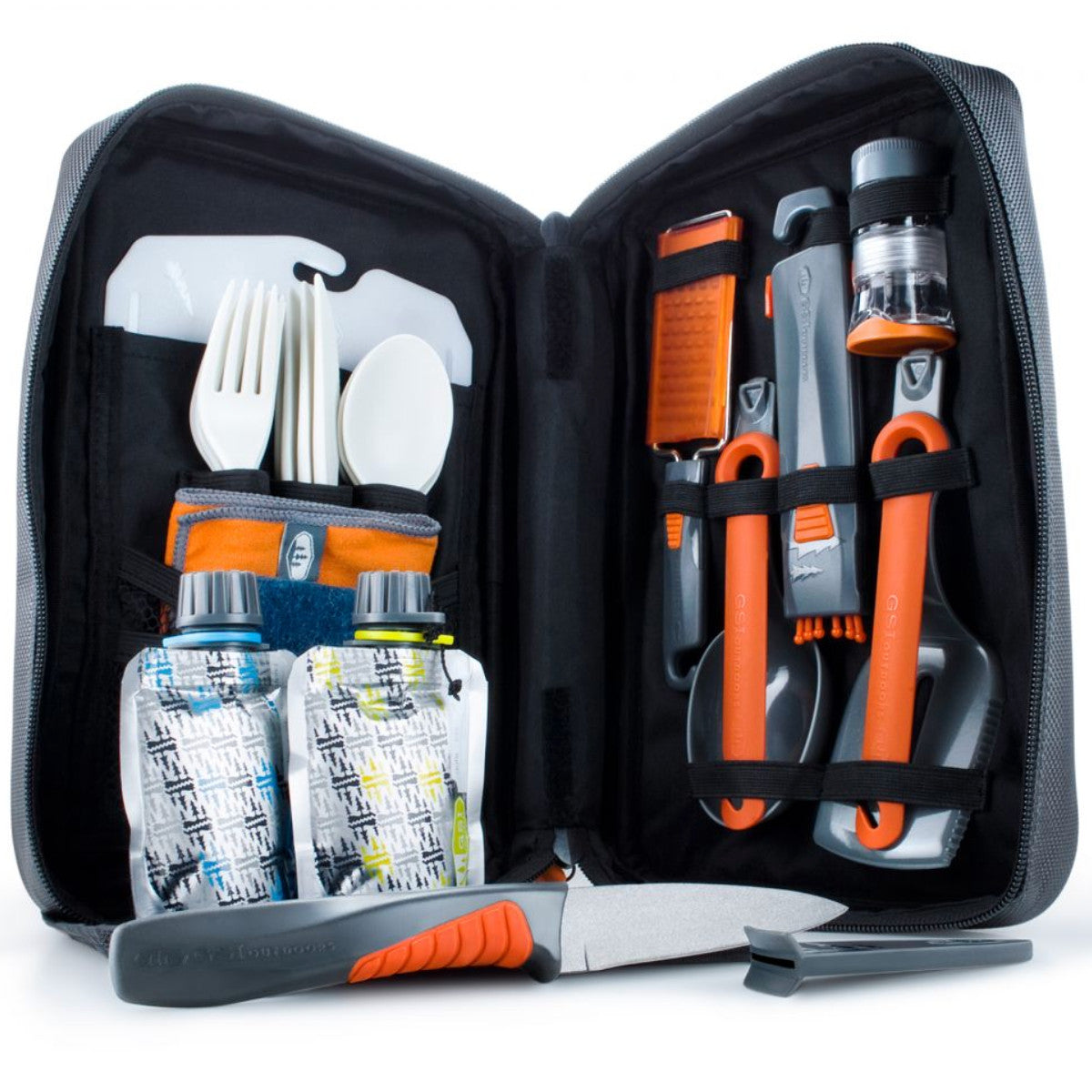 GSI Destination Kitchen 24, showing storage pack open with camping cutlery inside