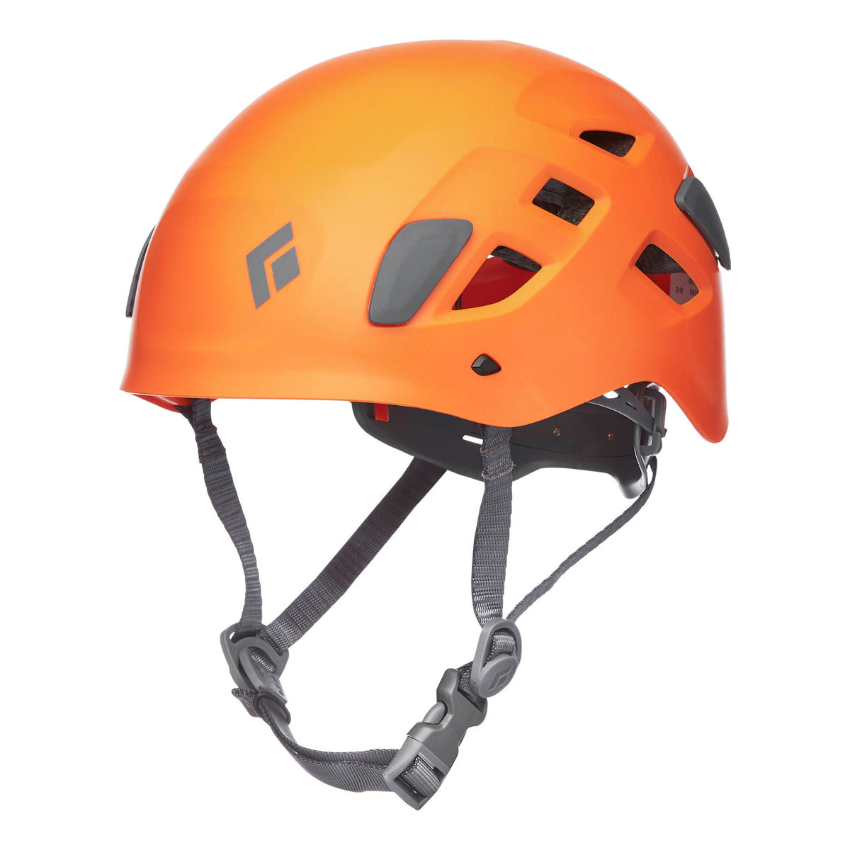 Black Diamond Half Dome climbing helmet, front/side view in orange colour with grey chin strap