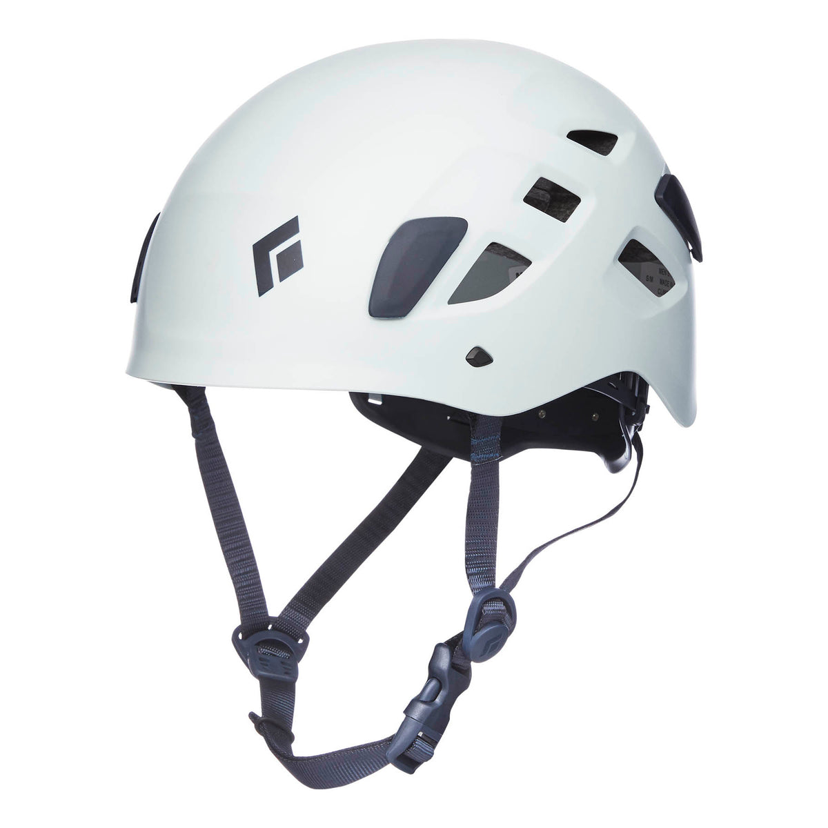 Black Diamond Half Dome climbing helmet, front/side view in white colour with grey chin strap