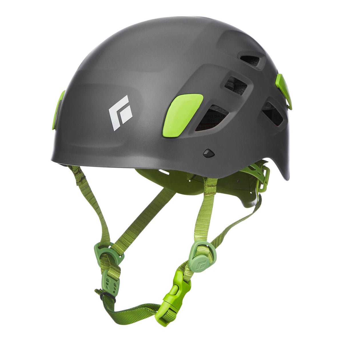 Black Diamond Half Dome climbing helmet, front/side view in grey colour with green chin strap
