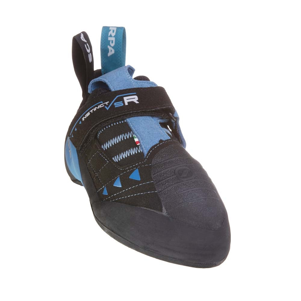Scarpa Instinct VS-R climbing shoe, side view in black and blue colours 