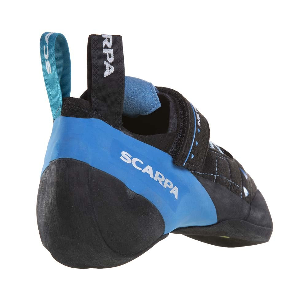Scarpa Instinct VS-R climbing shoe heel, in black and blue colours