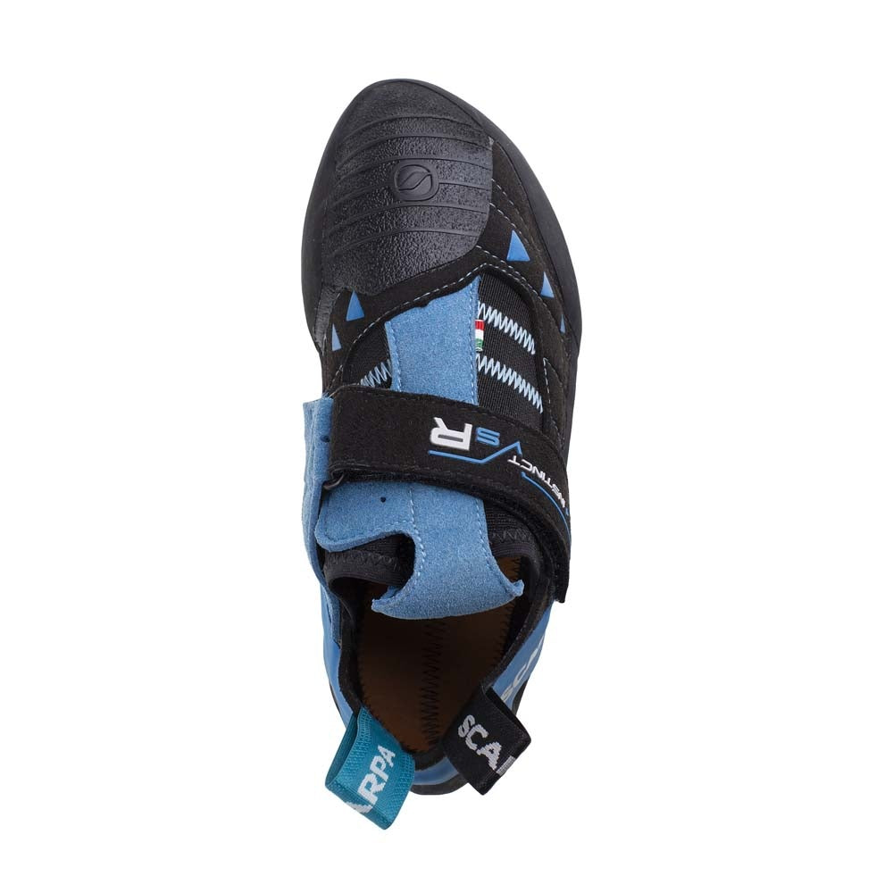 Scarpa Instinct VS-R climbing shoe from above, in black and blue colours