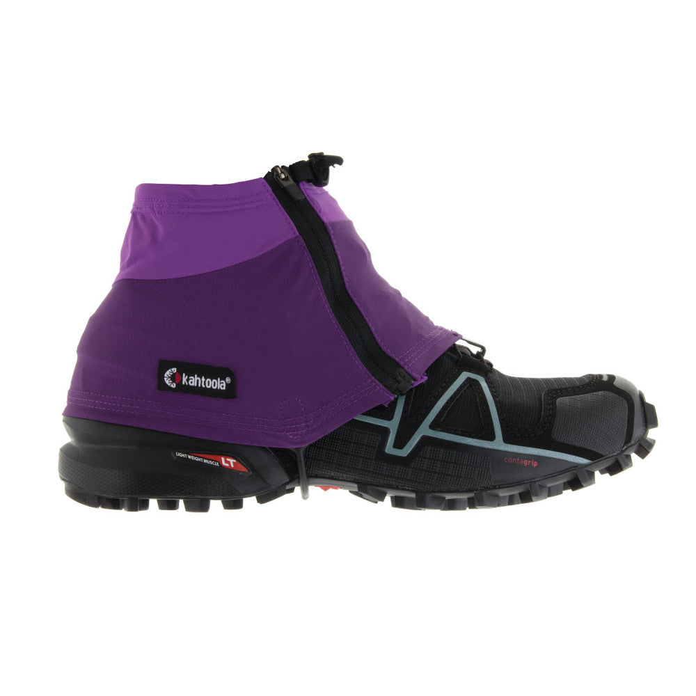 Kahtoola Insta Gaiter GTX, outer side view shown over running shoe, in purple colour