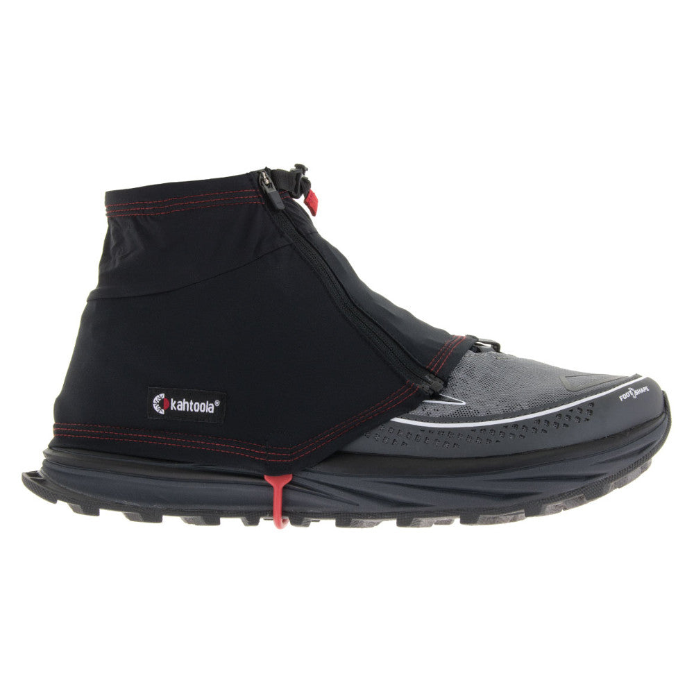Kahtoola Insta Gaiter GTX, outer side view shown over running shoe, in black colour