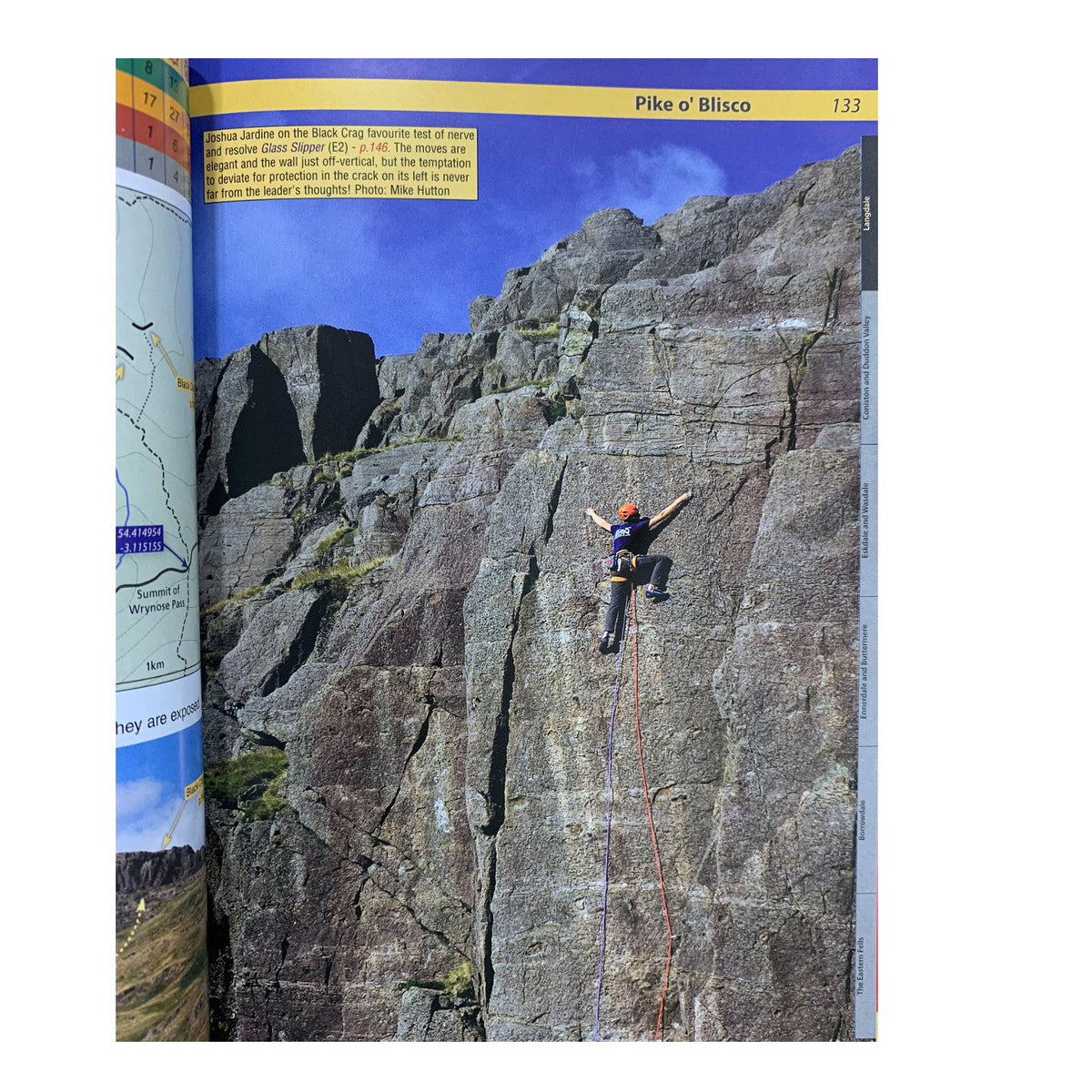 Lake District Climbs Inside page showing Joshua Jardine, climber on route