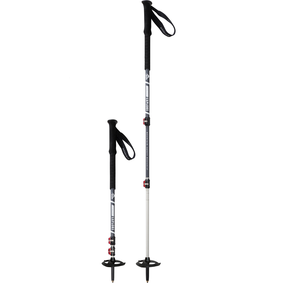 Pair of MSR Dynalock Explore trekking poles, one fully extended and one collapsed