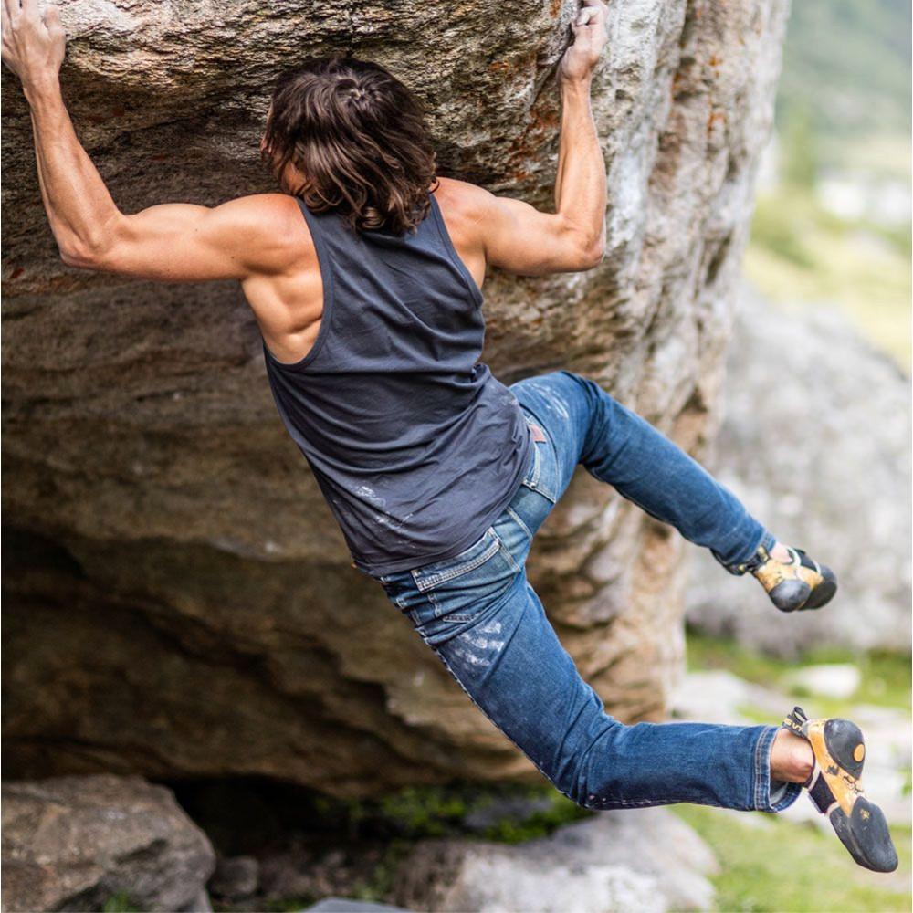 Climber showing the Rear of Moon Hubble X Slim Fit Denim Climbing Jeans in action
