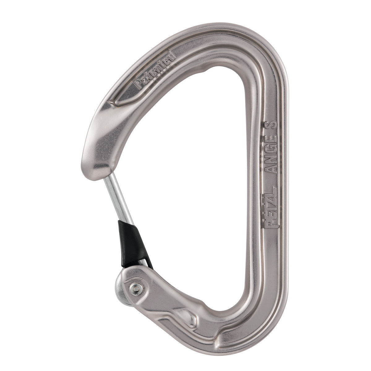 Petzl ANGE S climbing carabiner in silver colour, with silver gate closed