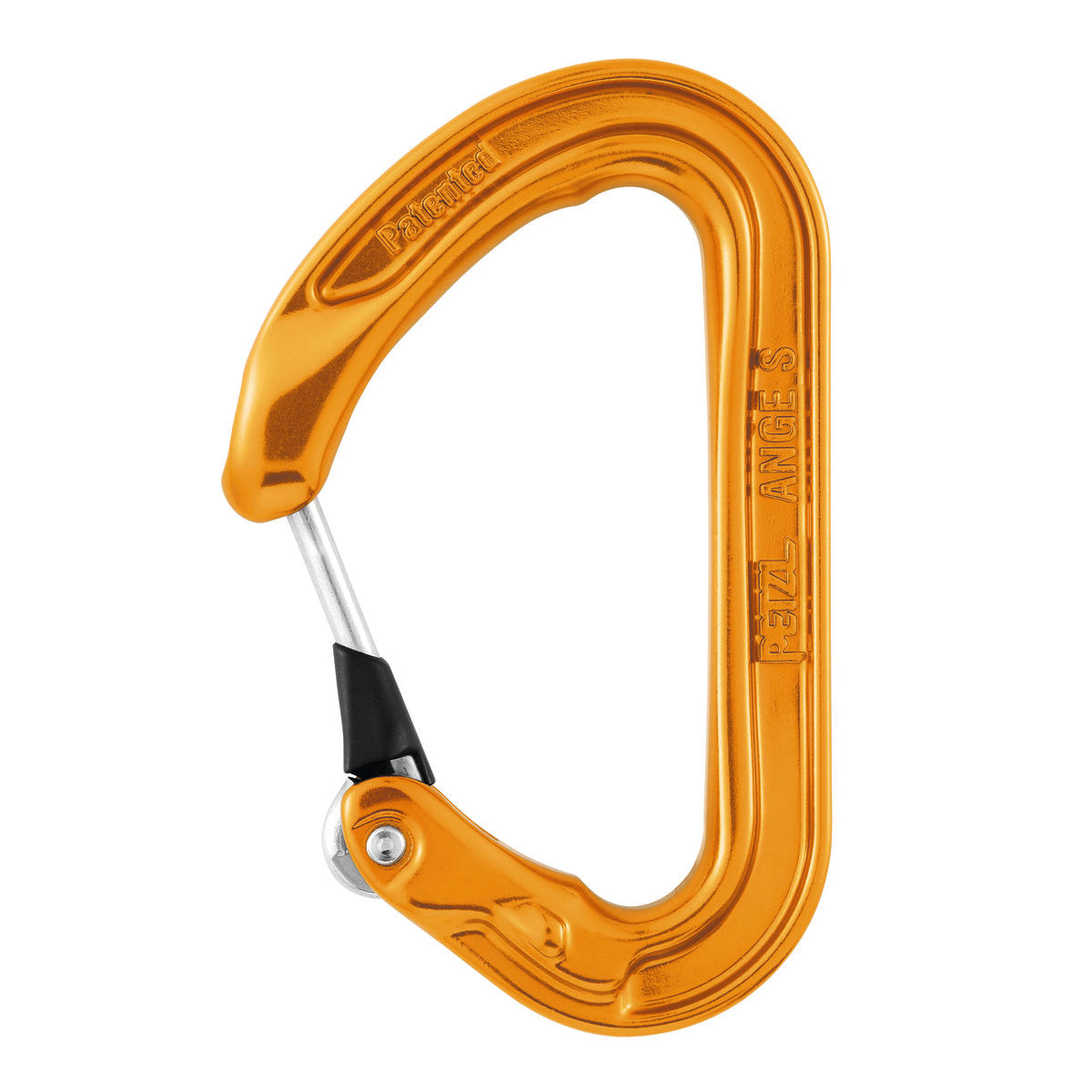 Petzl ANGE S climbing carabiner in orange colour, with silver gate closed