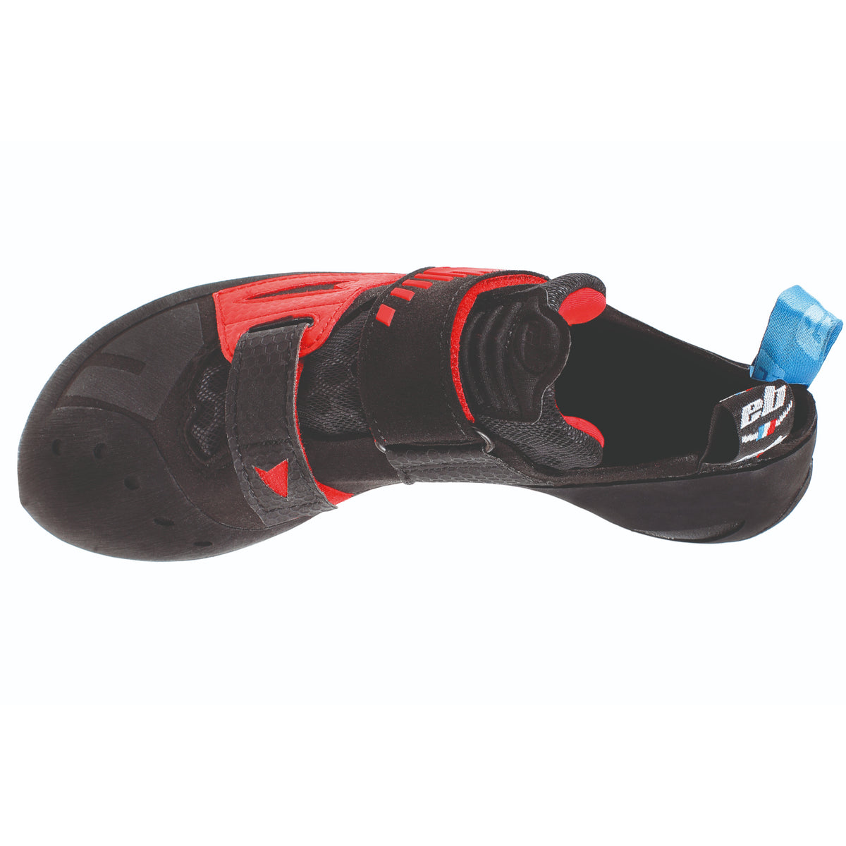 EB Red climbing shoe from above showing toe rubber patch strapping and tongue
