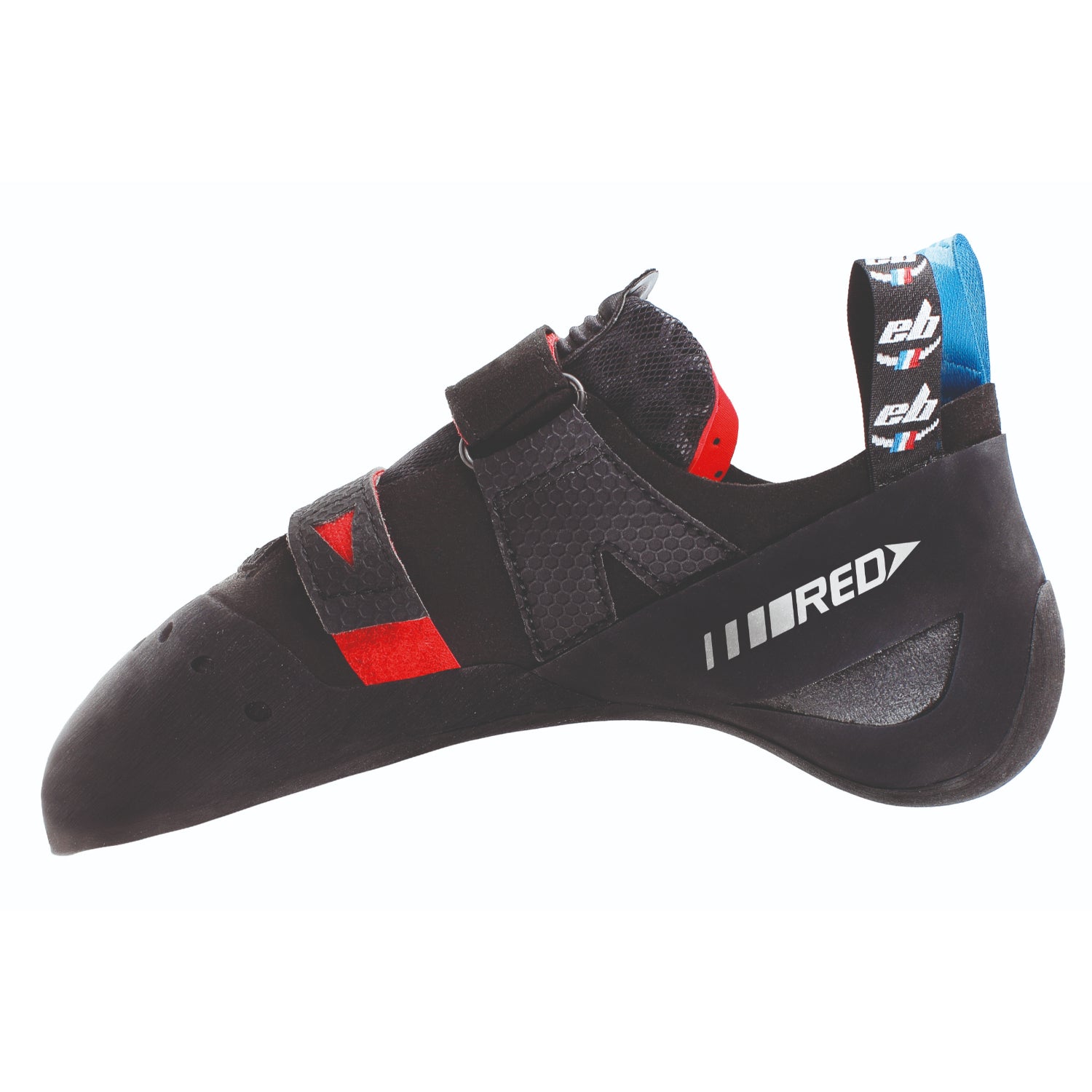 EB Red Climbing shoe from the side showing log and straps
