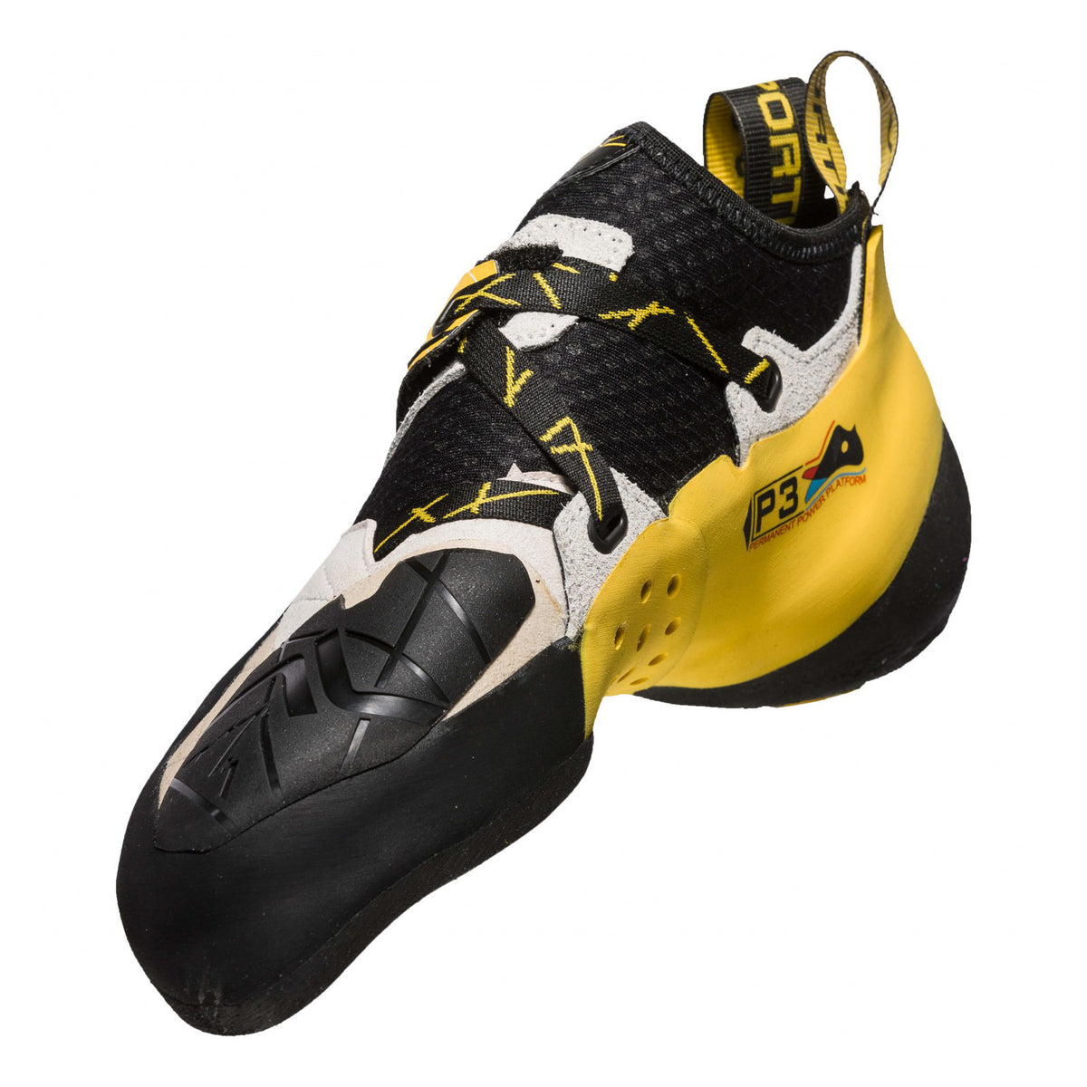 La Sportiva Solution climbing shoe, view from the inside showing the downturn