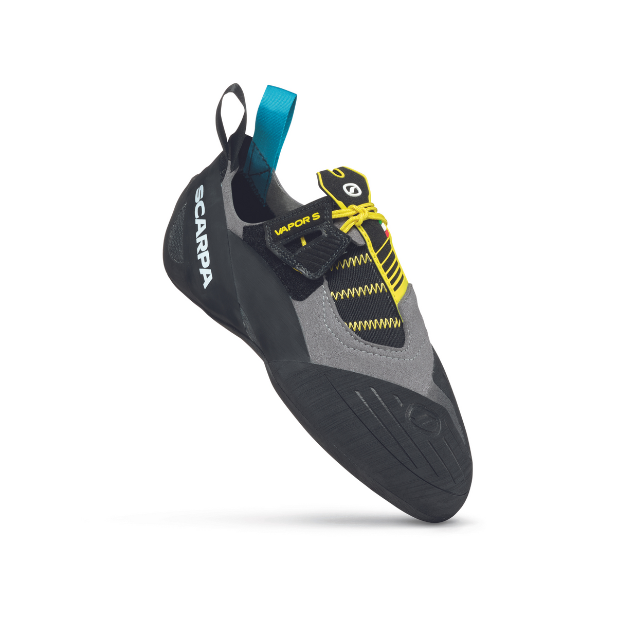 Scarpa Vapour S in smoke-grey with yellow trim. image showing outside sole with removable strap and toe rubber patch