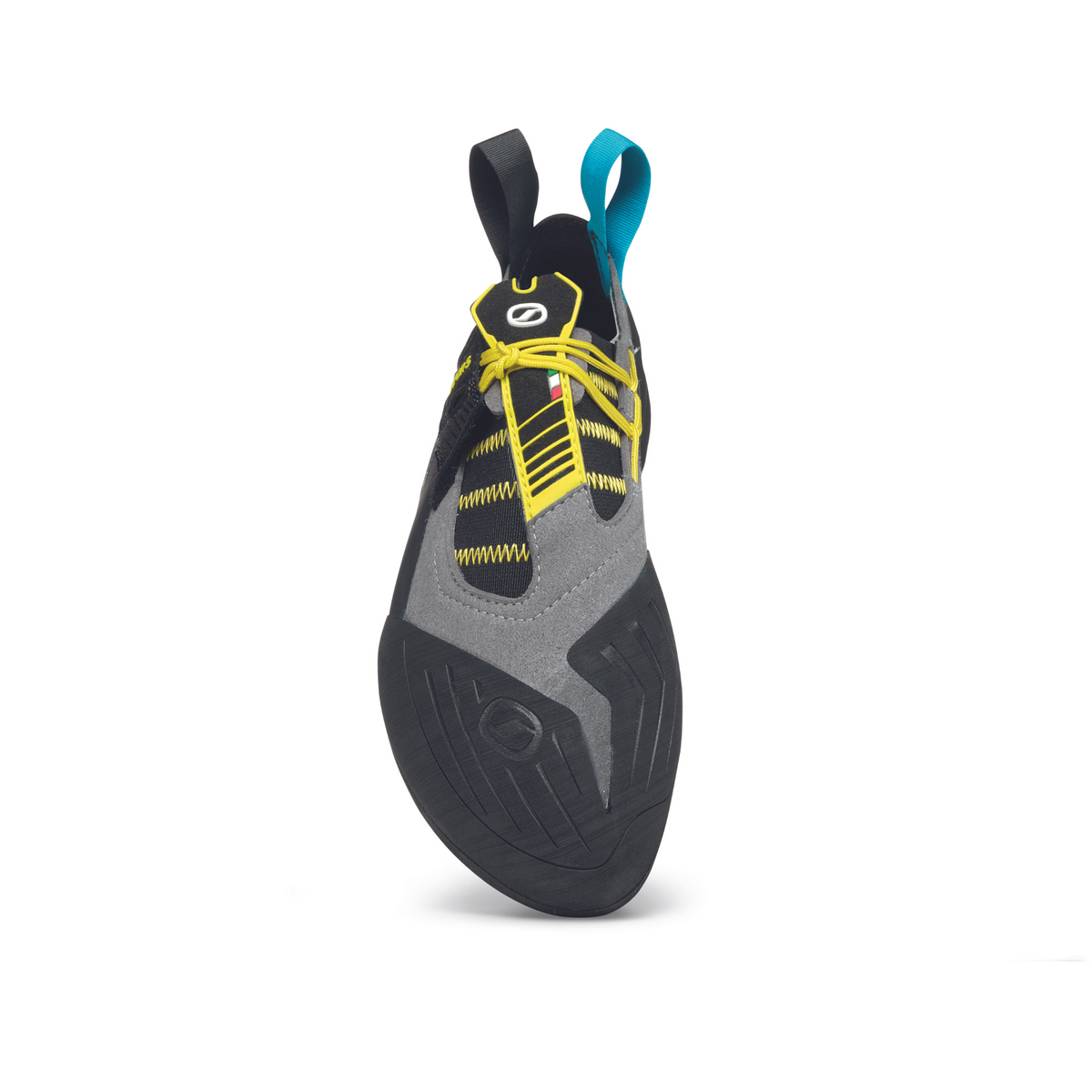 Scarpa Vapour S in smoke-grey with yellow trim. image showing upper of the foot  with removable strap