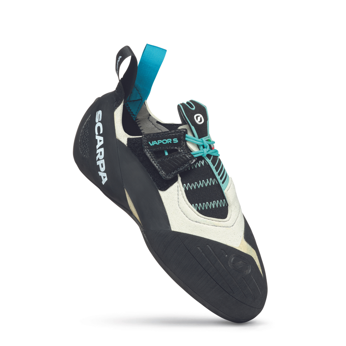Scarpa Vapour S Womens in Dust Grey-Aqua. side view showing logo and removable strap