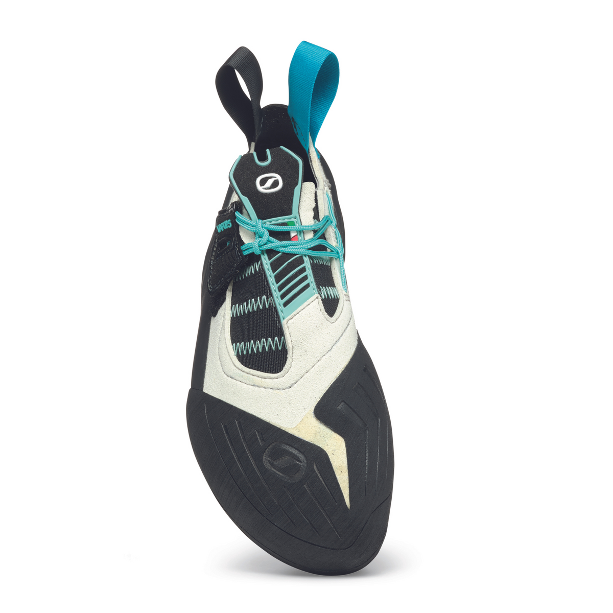 Scarpa Vapour S Womens in Dust Grey-Aqua. front view showing toe rubber and removable strap