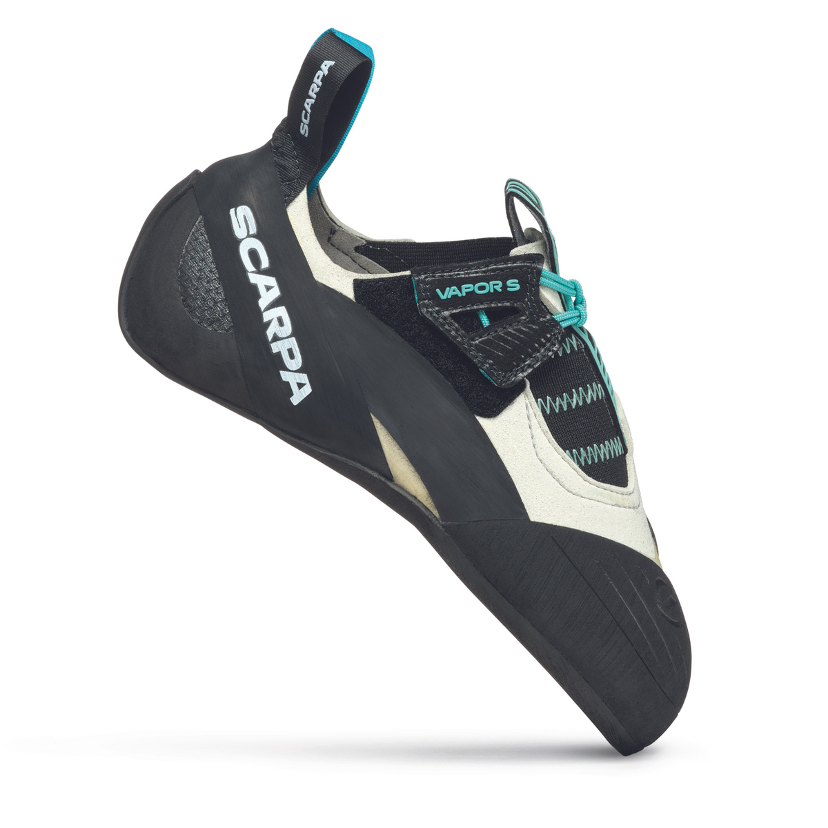 Scarpa Vapour S Womens in Dust Grey-Aqua. Side view showing logo and removable strap