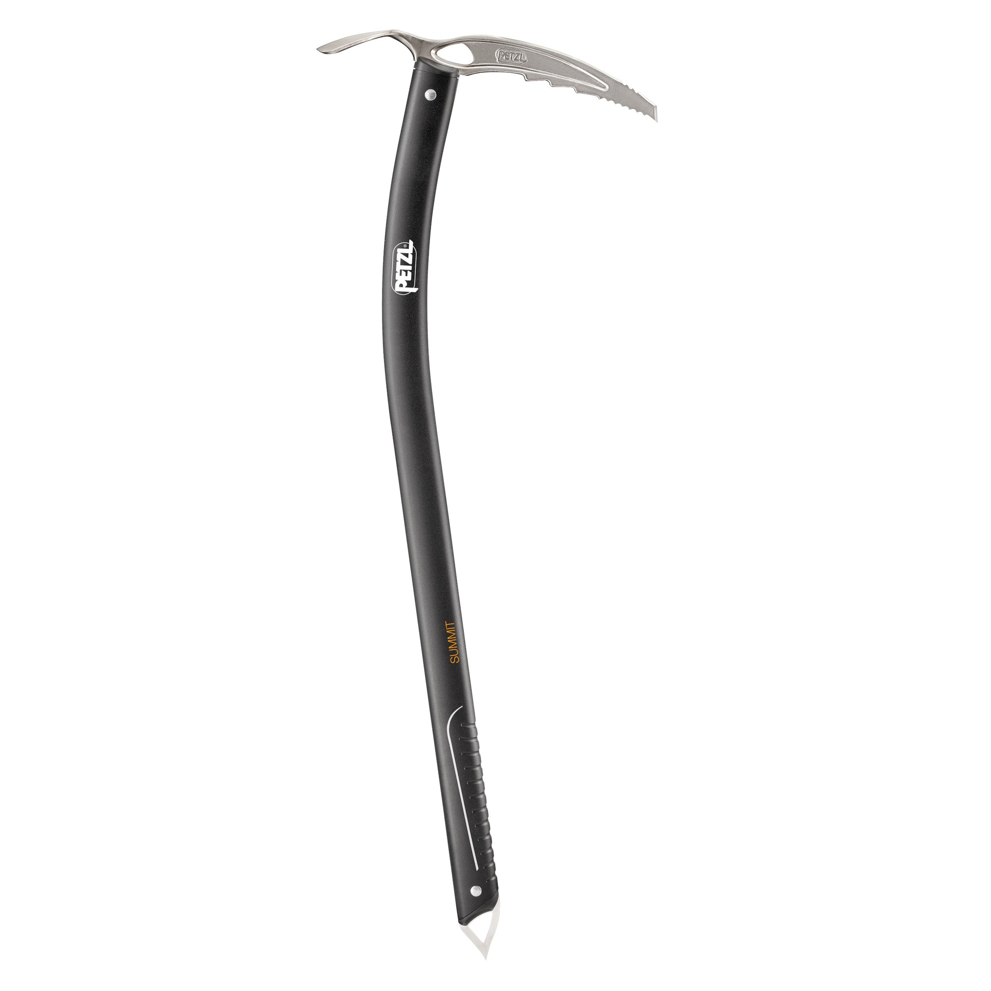 Petzl Summit Ice Axe, shown stood upright with black shaft and silver pick