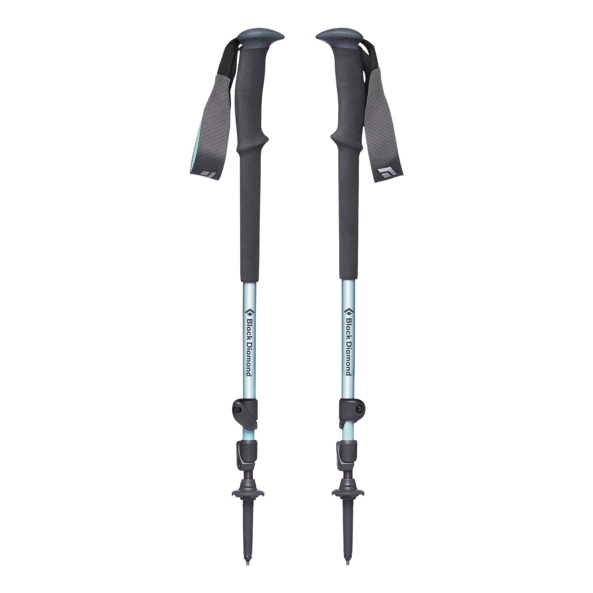 pair of Black Diamond Trail Women&#39;s poles shown collapsed down in Light Blue and black colours