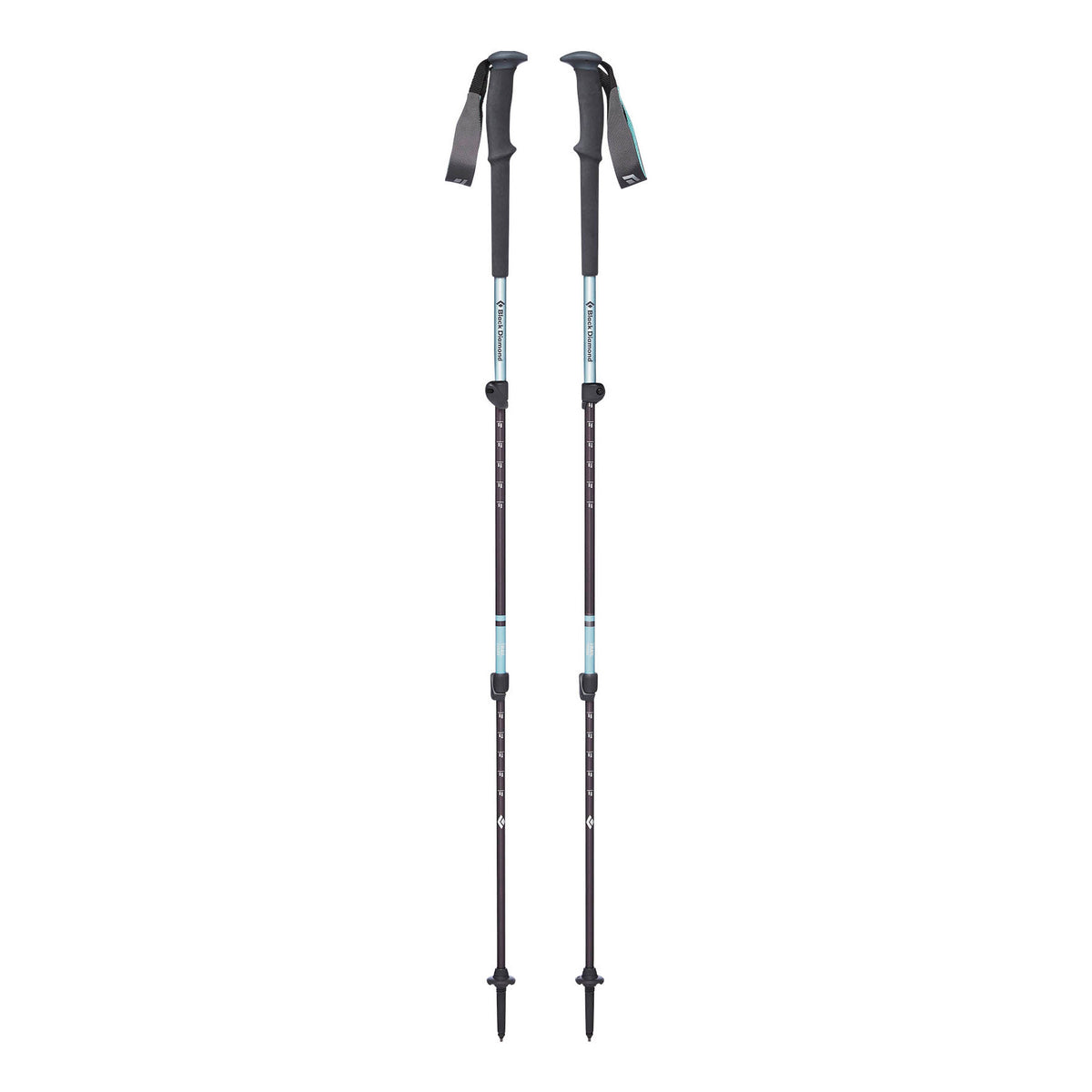 Pair of Black Diamond Trail Women&#39;s trekking poles, shown extended and stood up in Light Blue