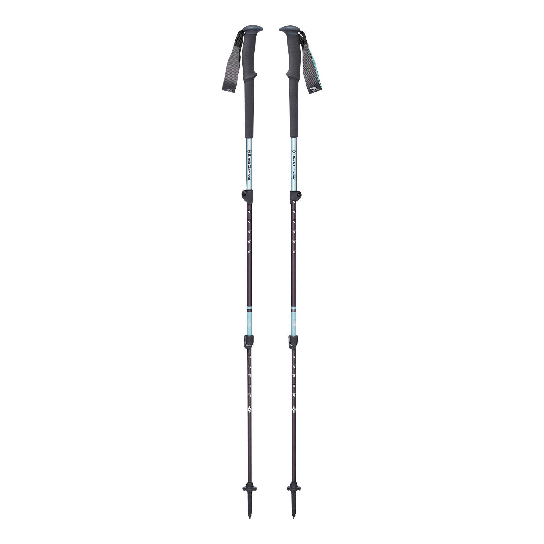 Pair of Black Diamond Trail Women's trekking poles, shown extended and stood up in Light Blue