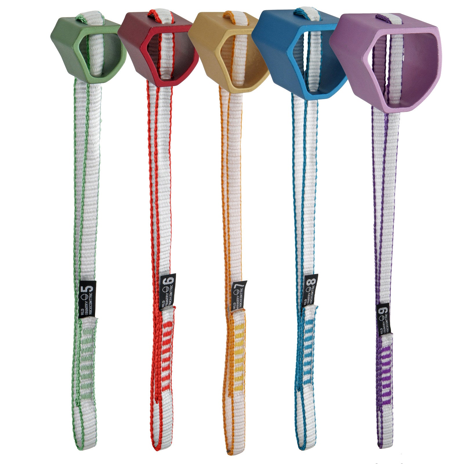 Wild Country Rockcentric Set sizes 5-9, shown side by side in various colours