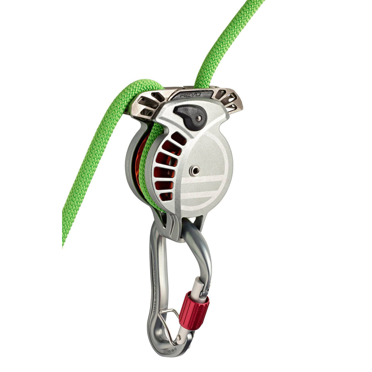 Wild Country REVO belay device, shown in use with a green rope and silver carabiner