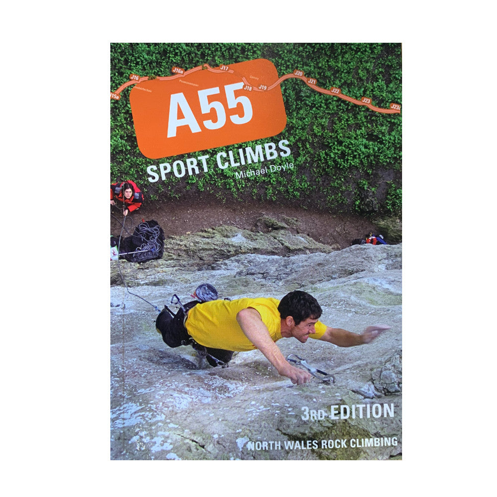 A55 Sport Climbs - 3rd edition, front cover with climber reaching for next hold