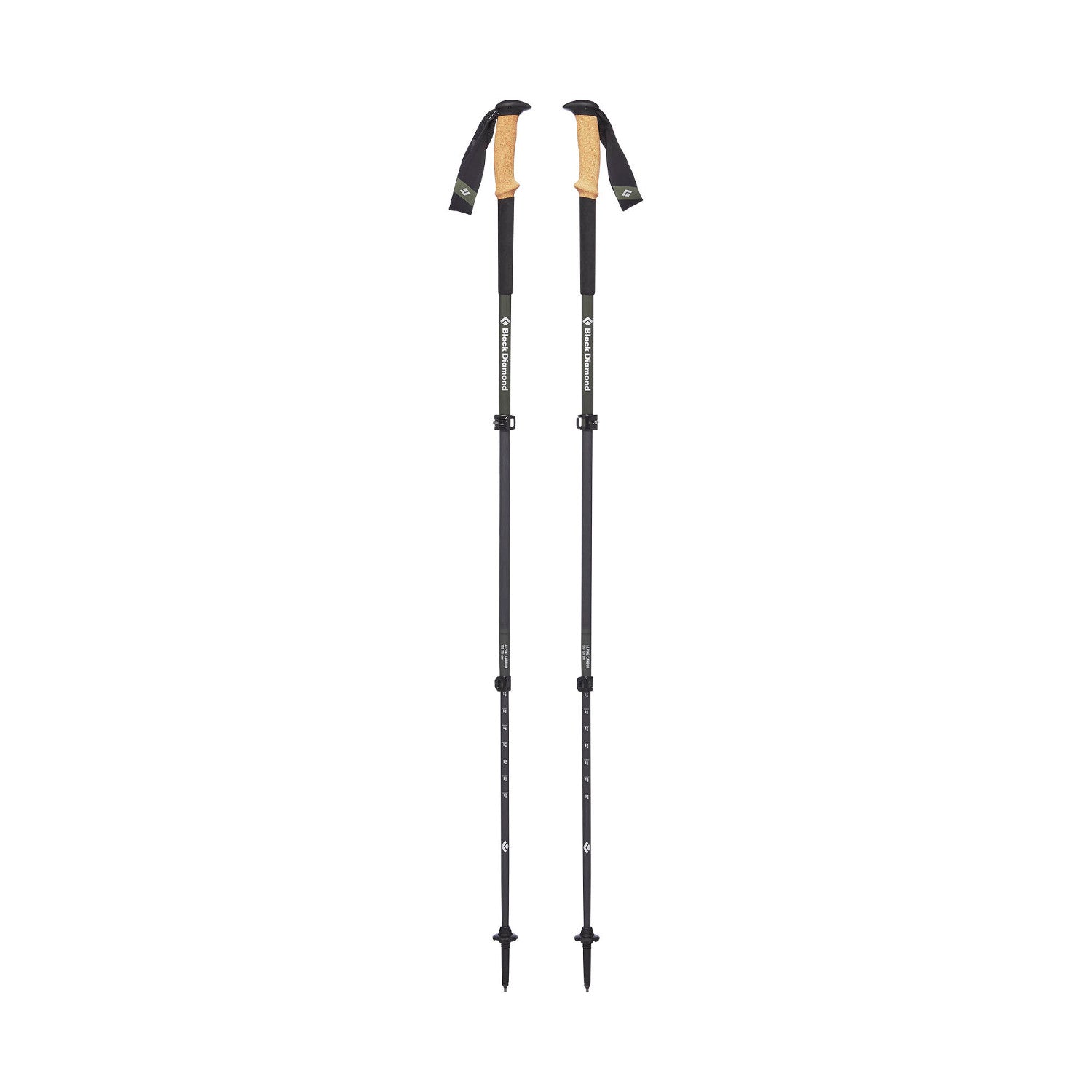 Pair of Black Diamond Alpine Carbon Cork poles, shown fully extended and stood upright 
