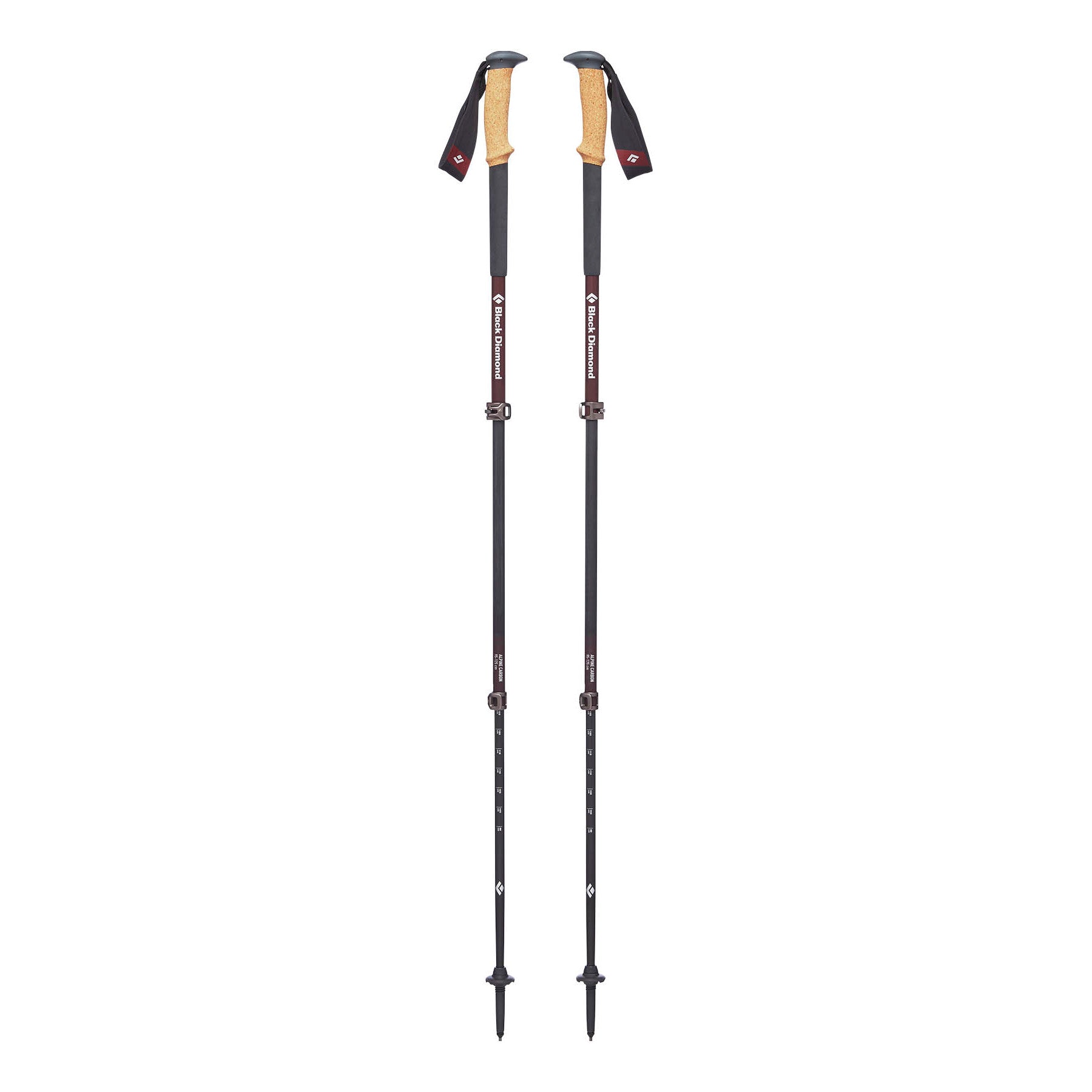 Pair of Black Diamond Alpine Carbon Cork Womens poles, shown fully extended and stood upright