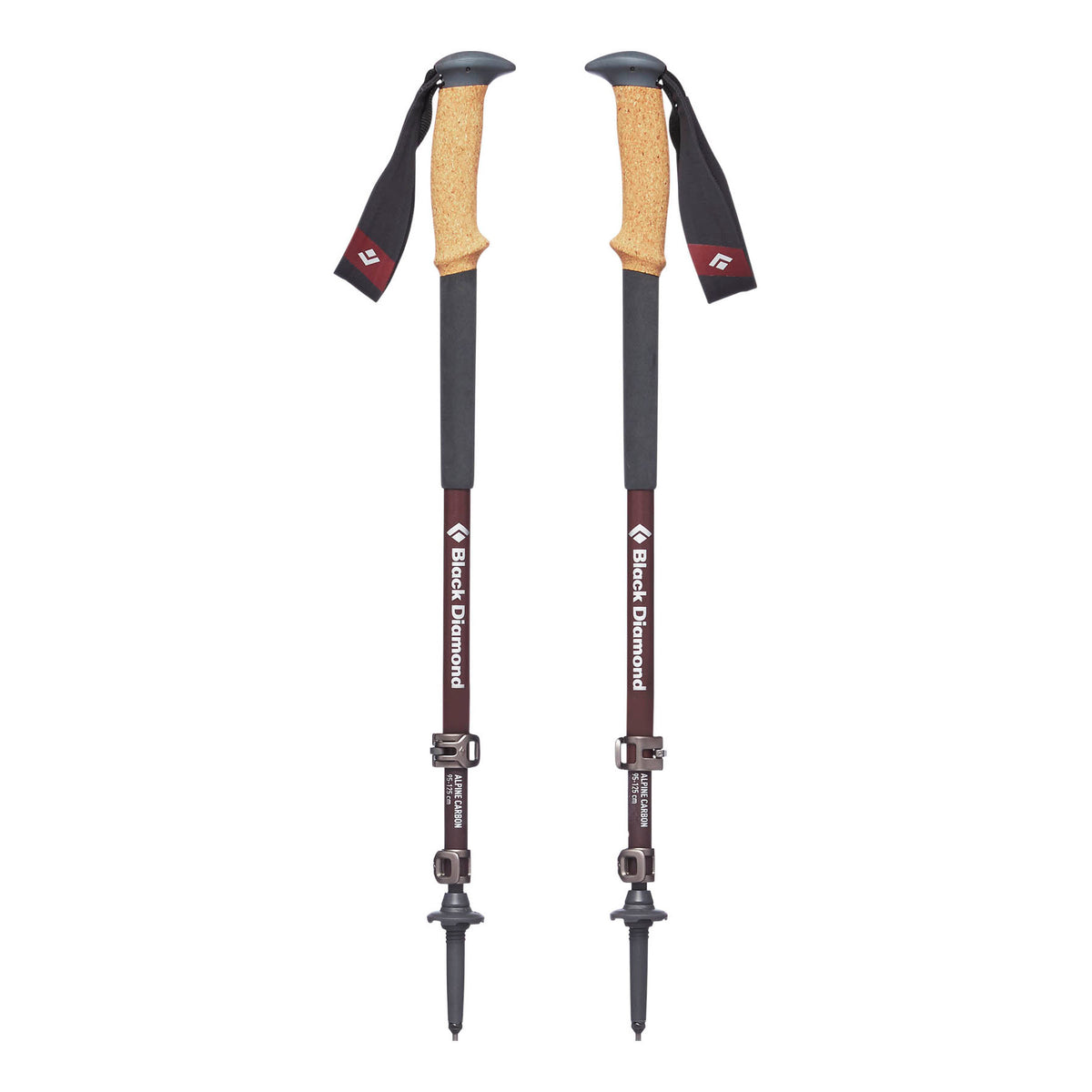 Pair of Black Diamond Alpine Carbon Cork Womens walking poles, shown collapsed down in Grey &amp; Red 