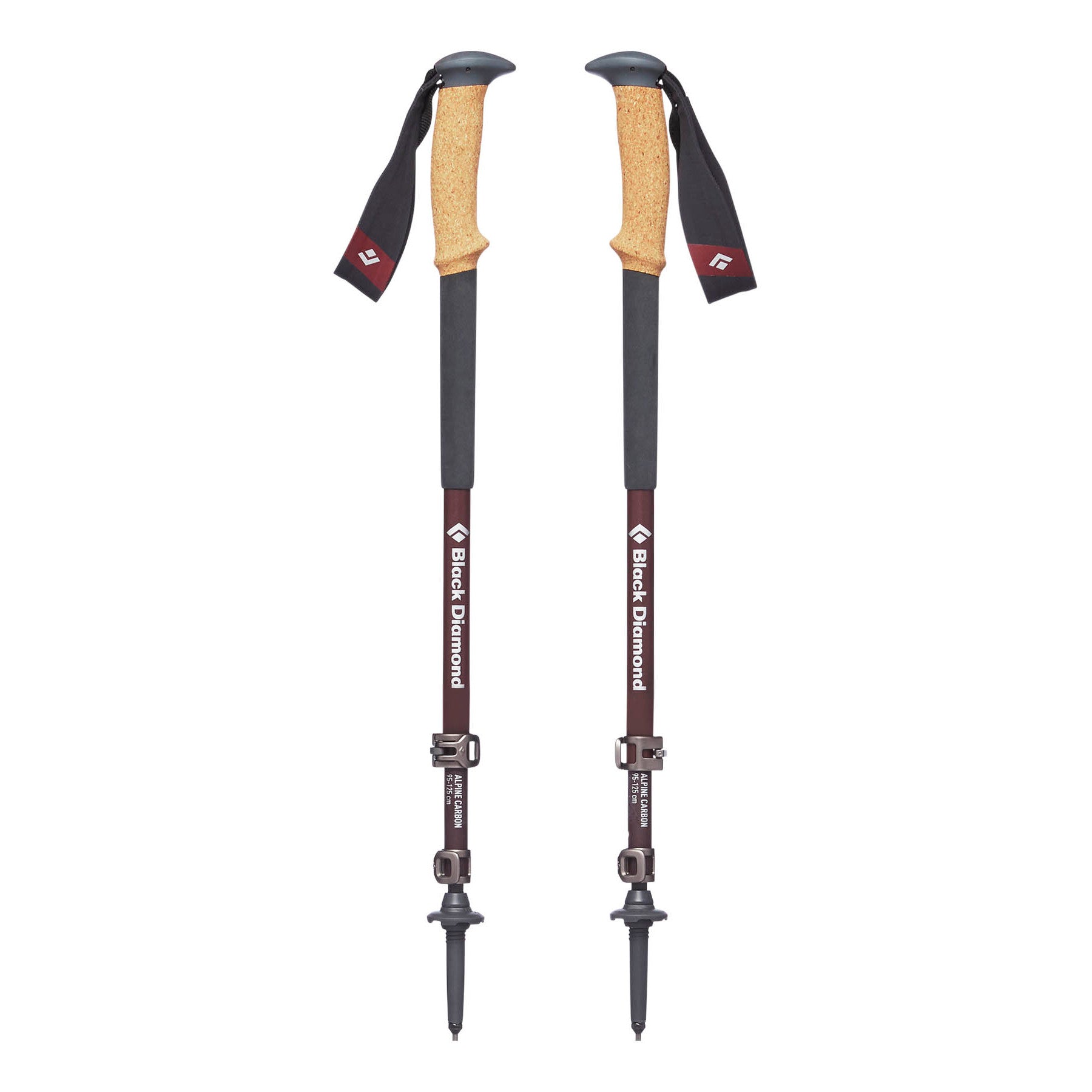 Pair of Black Diamond Alpine Carbon Cork Womens poles, shown fully extended and stood upright