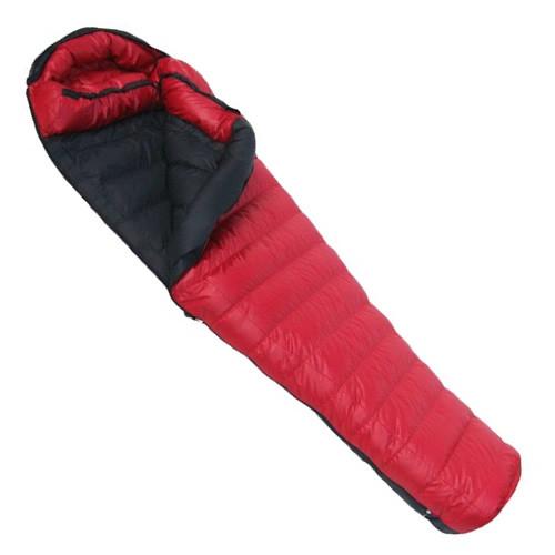 Western Mountaineering Apache MF down sleeping bag, shown partially open in red with a black lining