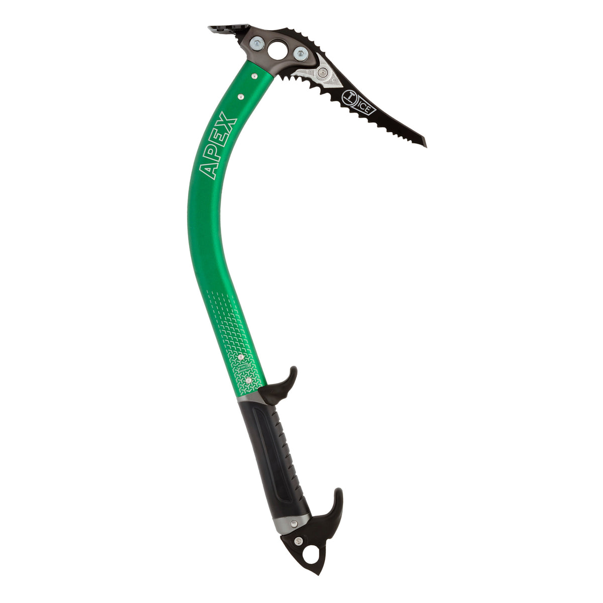 DMM Apex Ice Axe, side view shown in green and black colours