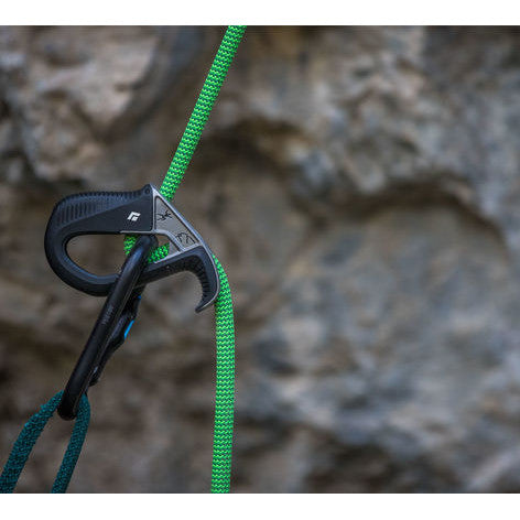 Black Diamond ATC Pilot belay device, shown in use with rope