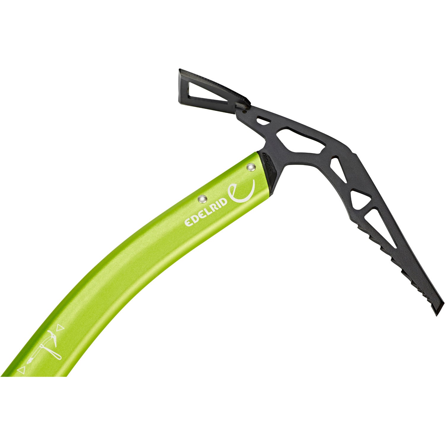 Edelrid Attila Ice Axe, shown in full with green coloured shaft and black pick