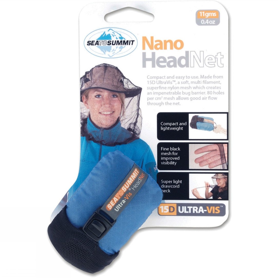 Sea to Summit Nano Mosquito Head Net, shown rolled up with packaging info