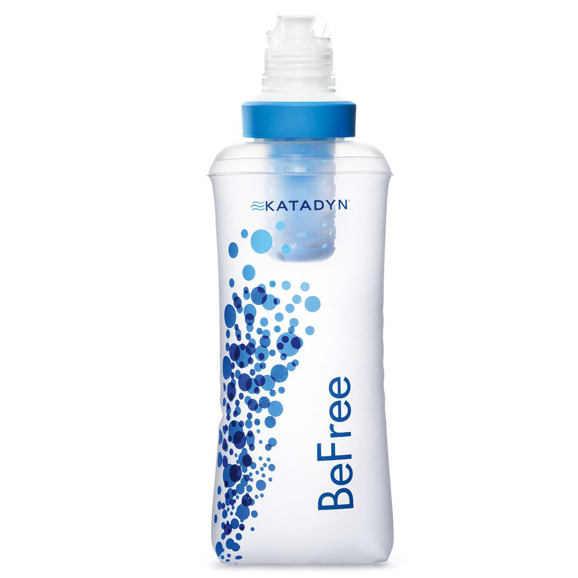 Katadyn BeFree 0.6 Litre Water Filter in clear with blue logos as seen from the front.