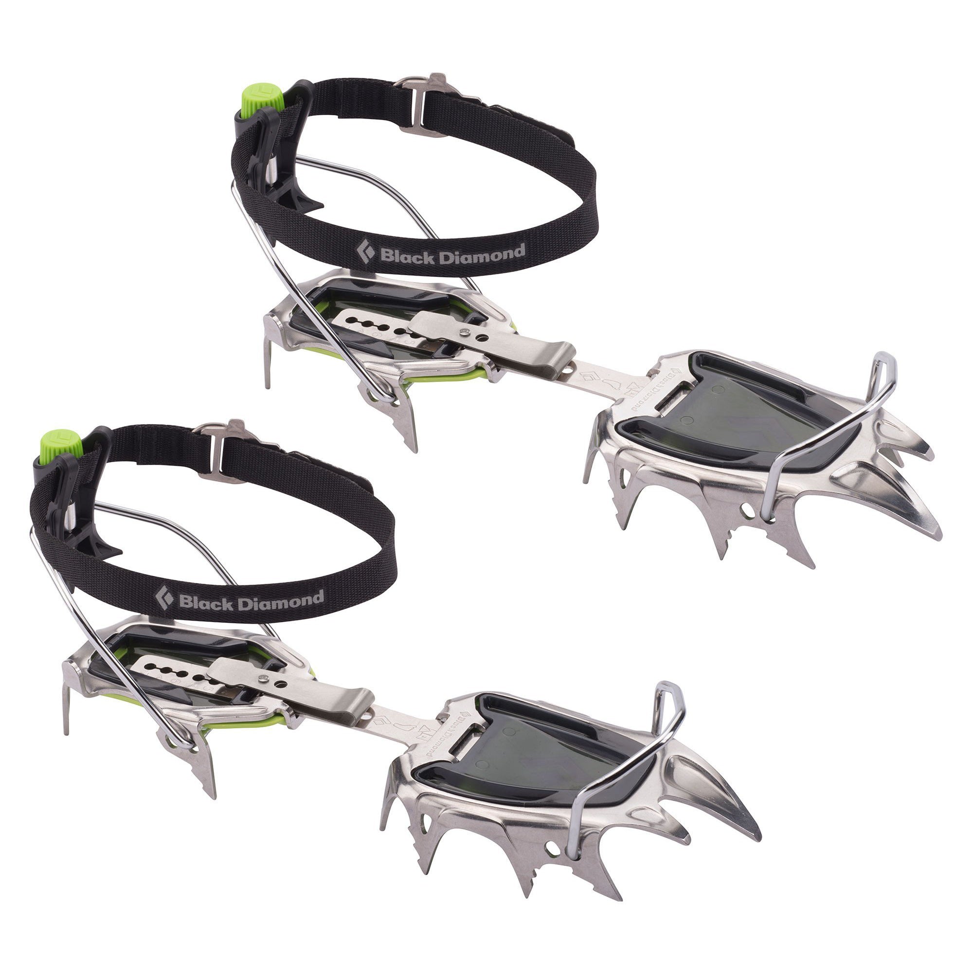 Pair of Black Diamond Snaggletooth Crampons, front/side view shown in black and silver colours