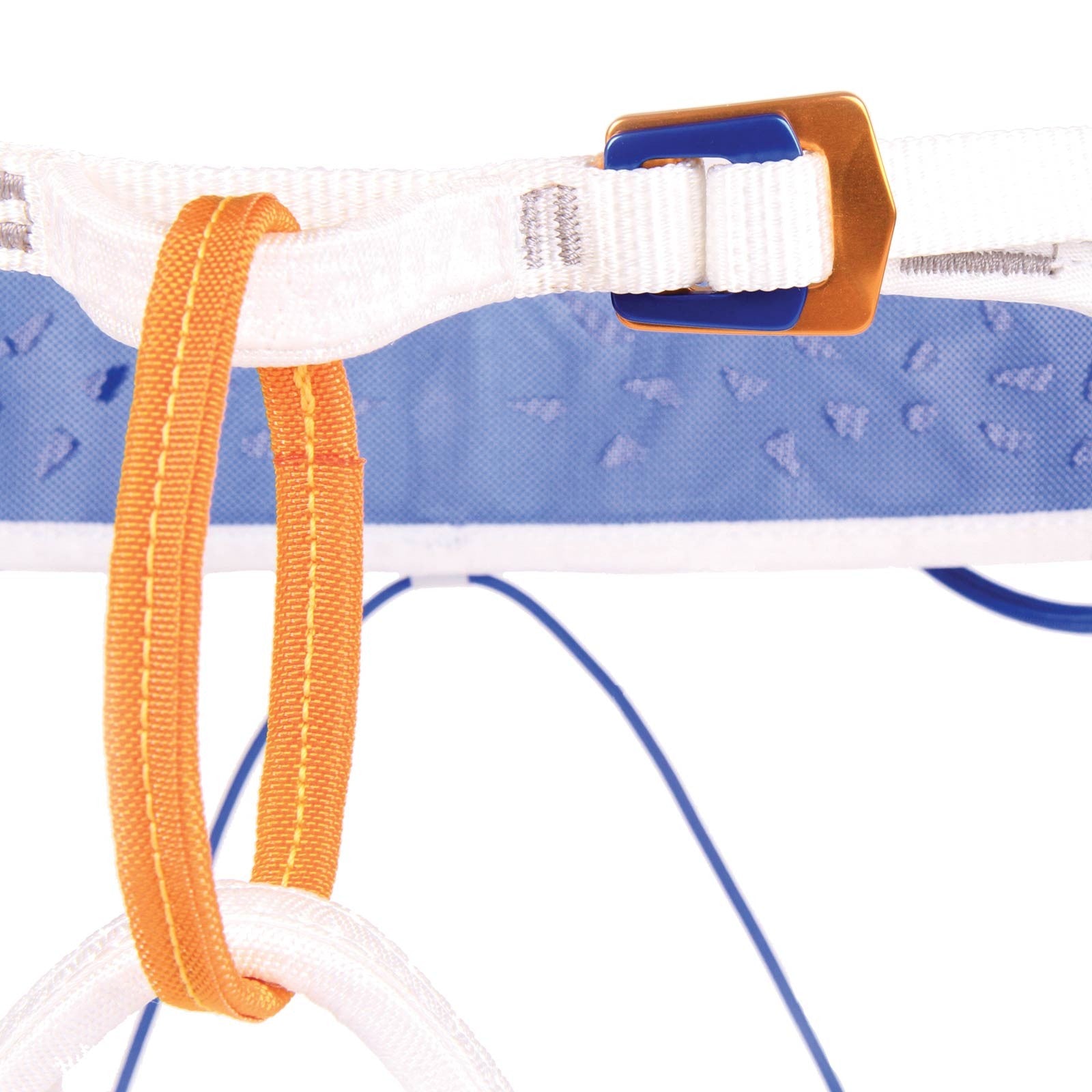 Blue Ice Addax Harness, front/side view in blue/white and orange colours