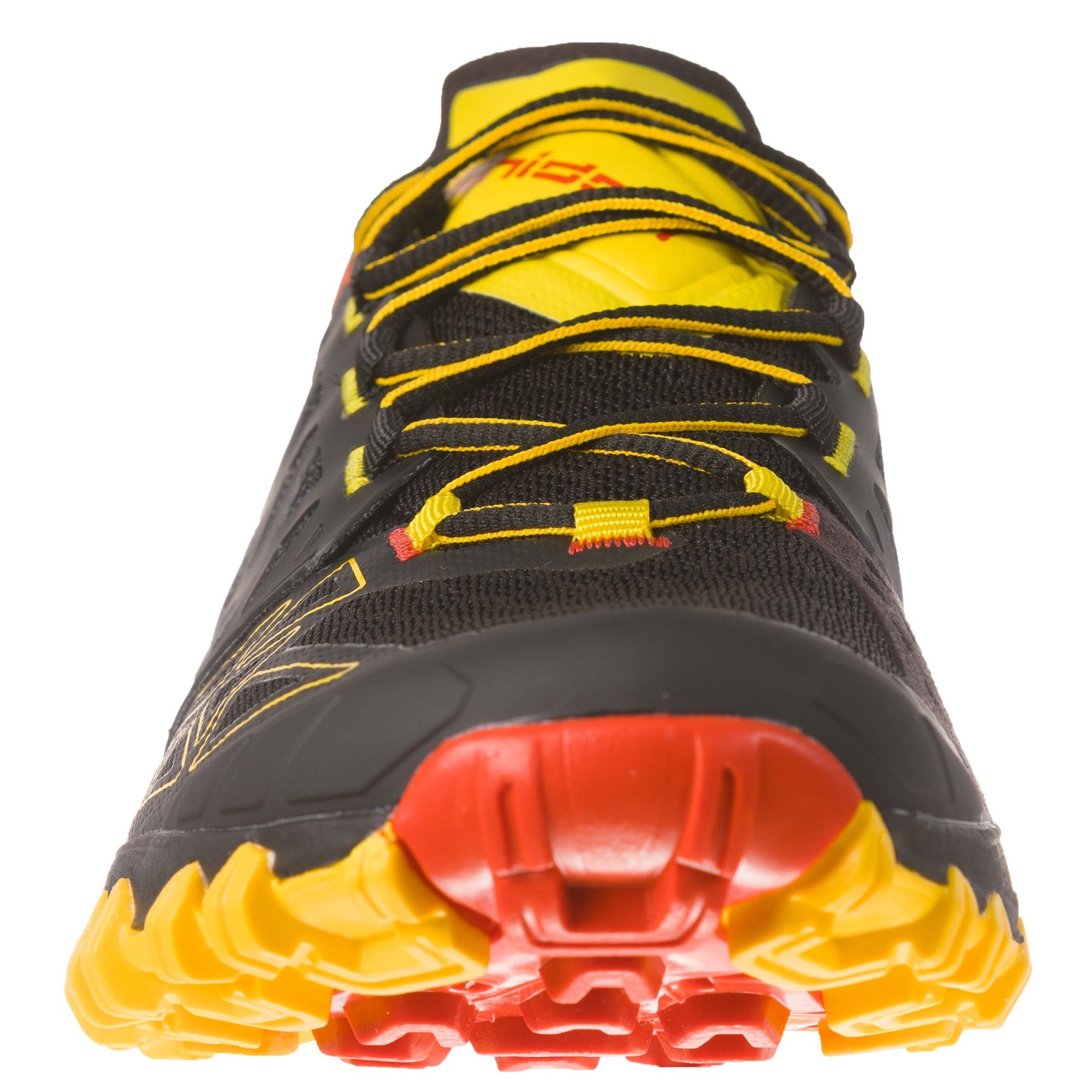 La Sportiva Bushido II trail running shoe, outer side view in Black/Yellow/red colours