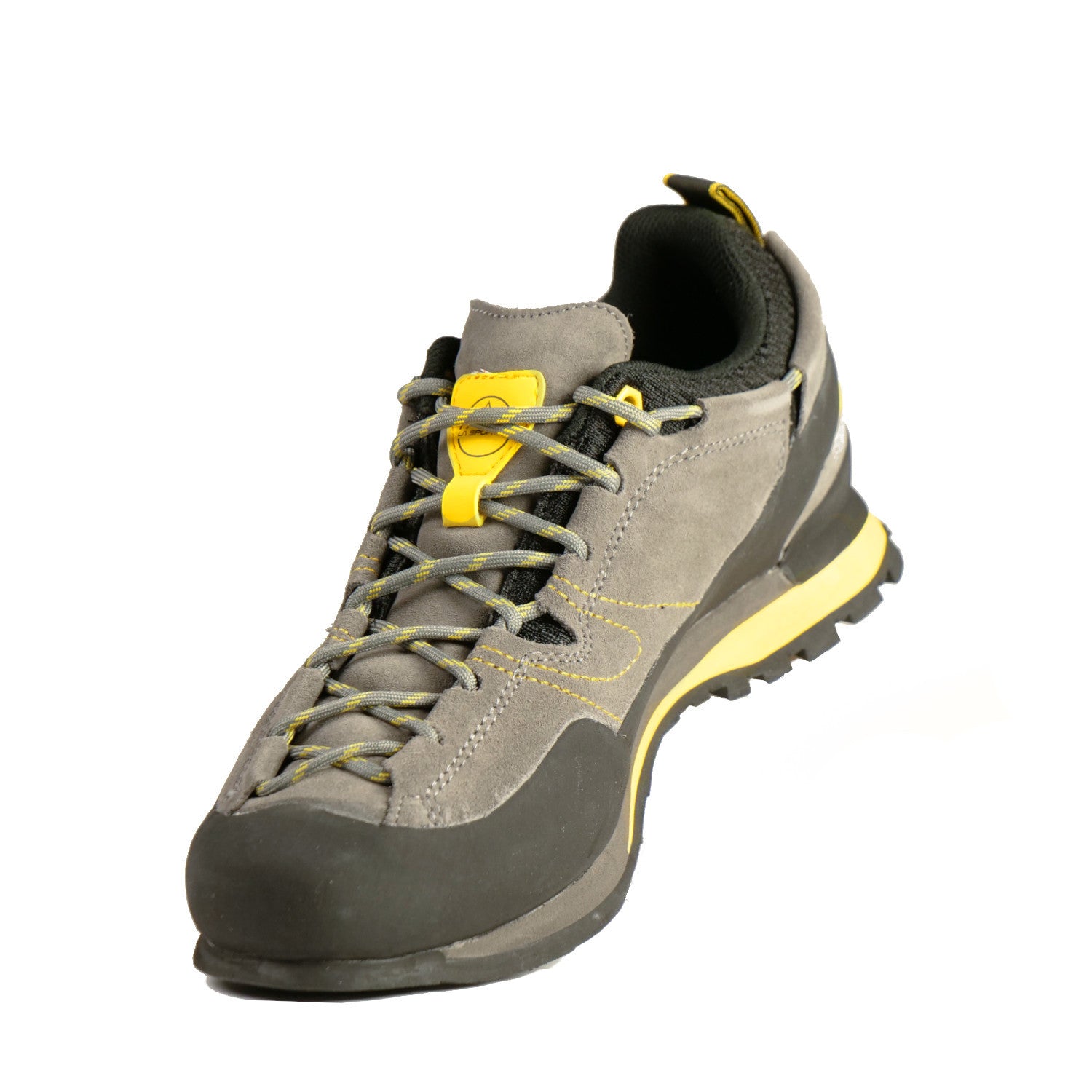 La Sportiva Boulder X approach shoe, front/side view in black, grey and yellow colours