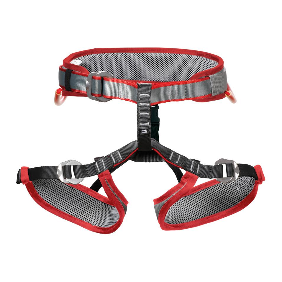 DMM Tomcat Kids Climbing Harness, front view in red, grey and black colours