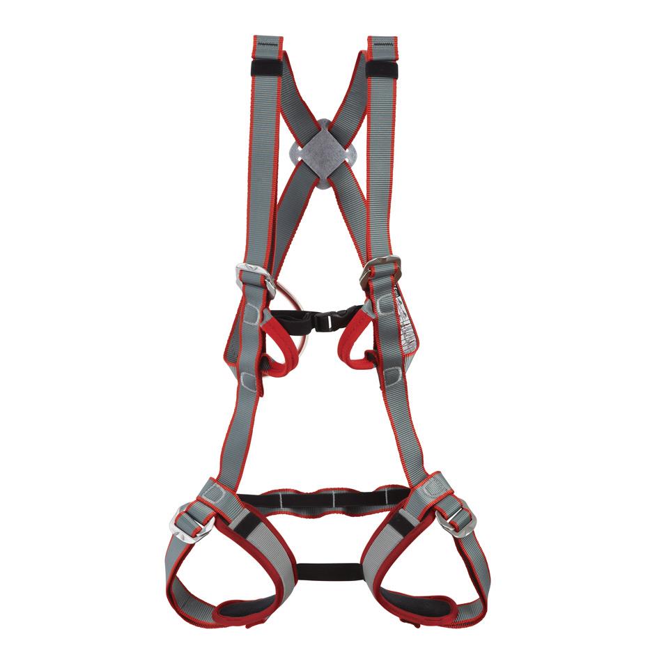 DMM Tom Kitten Kids Full Body Harness, front view in grey, red and black colours